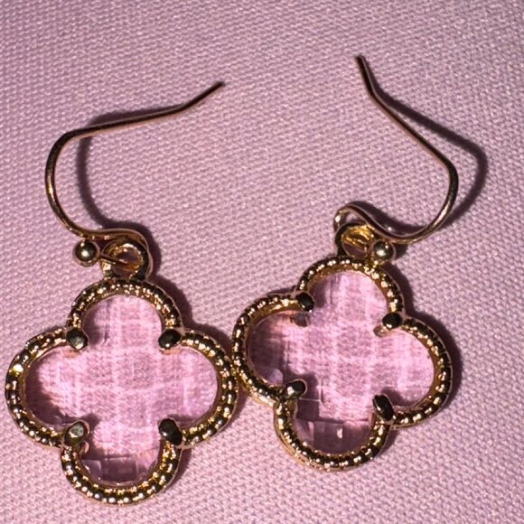 Pink Clover Drop Earrings- Gold and Glass - Picture 1 of 1